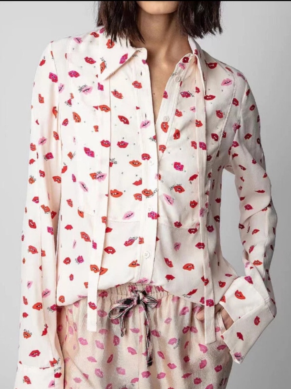Zadig & Voltaire Cream Lip Print Button-Up Blouse